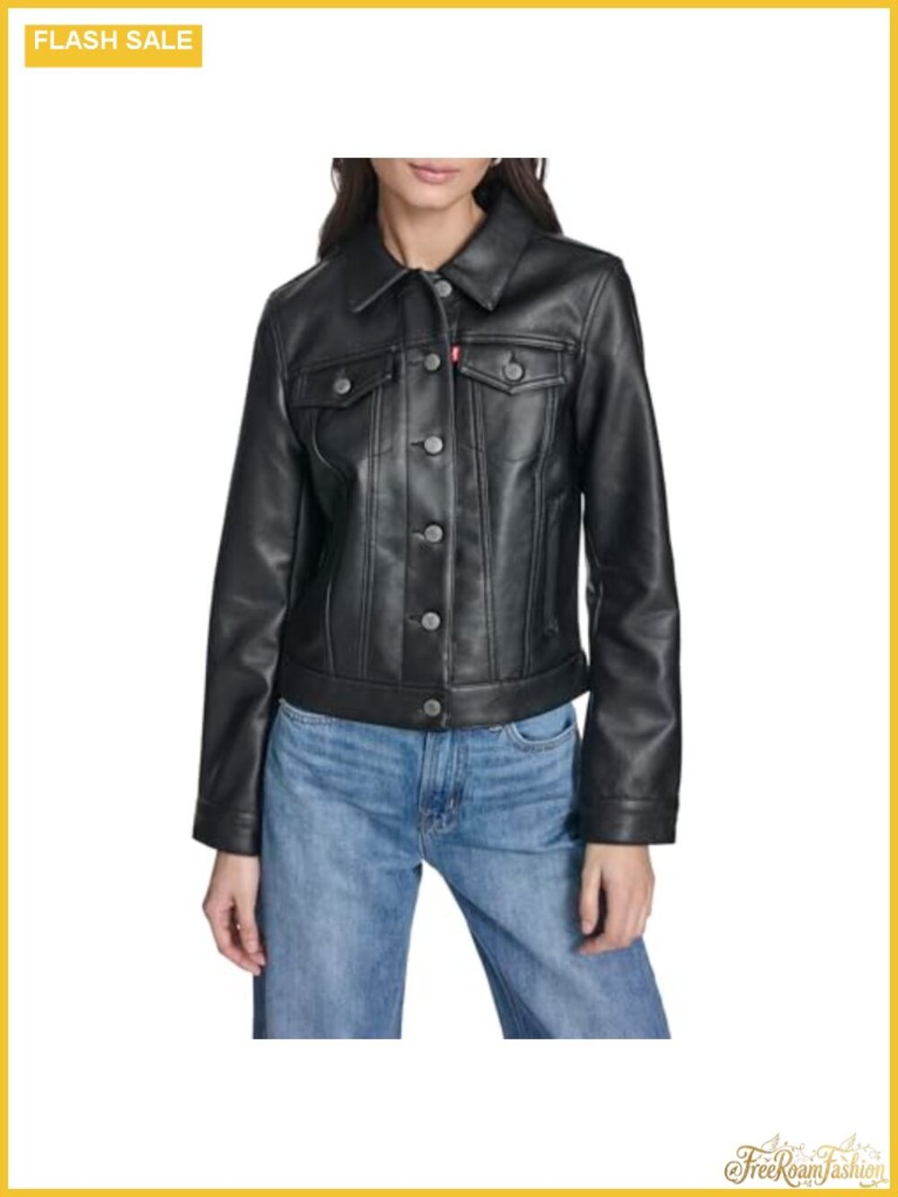 Faux Leather Classic Trucker Jacket Button Front Long Sleeve
